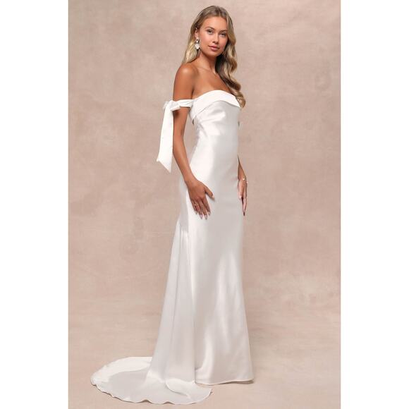 Lulus Bridal NWT Eternally Loved White Cutout Satin Off-the-Shoulder Gown Dress - Picture 1 of 11